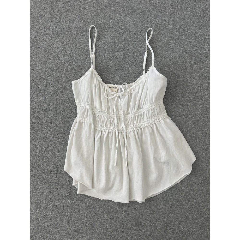 We The Free People Scarlett Tank L Ivory Cotton Smocked Babydoll Cami Raw Hem